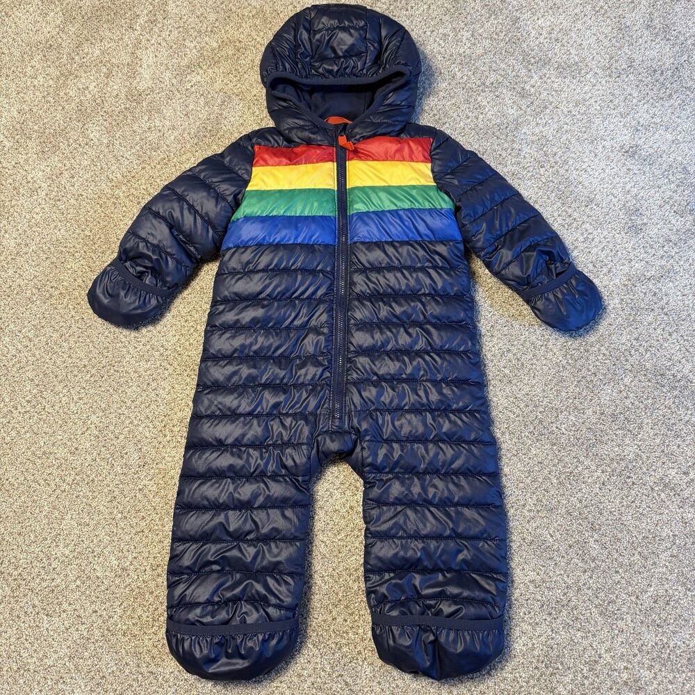Primary Rainbow Stripe Puffer Snowsuit Navy Blue Hooded Bunting 6-12 Months